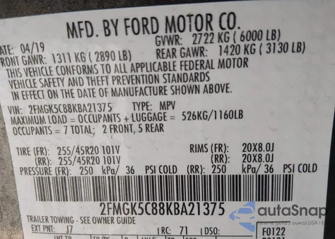 2019 Ford Flex Sel from USA, damaged, VIN 2FMGK5C88KBA21375